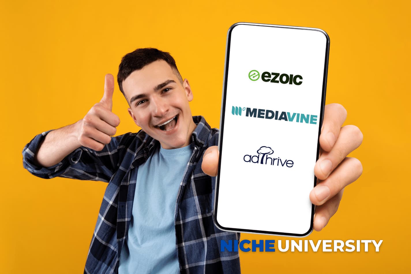 Man holding up a cell phone screen with Ezoic, Mediavine, and AdThrive logos. These are the three most popular ad networks for affiliate niche websites