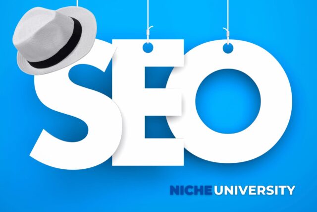 SEO sign with a White Fedora hat on the S to showcase "White Hat SEO" approach